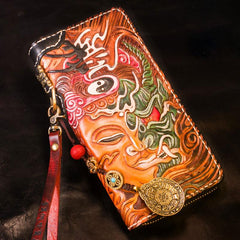 Handmade Leather Tooled Buddha Mens Chain Biker Wallet Cool Leather Wallet Long Phone Wallets for Men