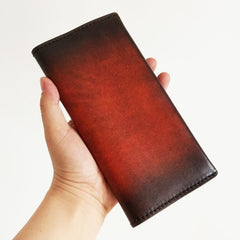 Handmade Mens Leather Brown Long Wallets Wine Red Bifold Long Wallet Clutch for Men