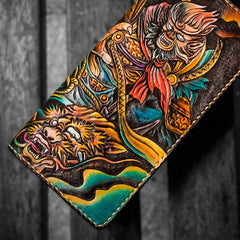 Handmade Leather Men Tooled Monkey King Cool Leather Wallet Long Phone Clutch Wallets for Men