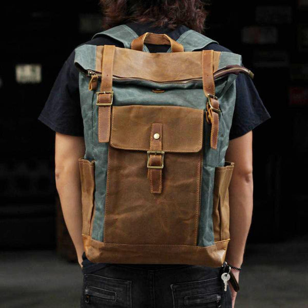 Cool Waxed Canvas Mens Waterproof Green Travel Backpack 15'' Gray Computer Backpack Hiking Backpack for Men