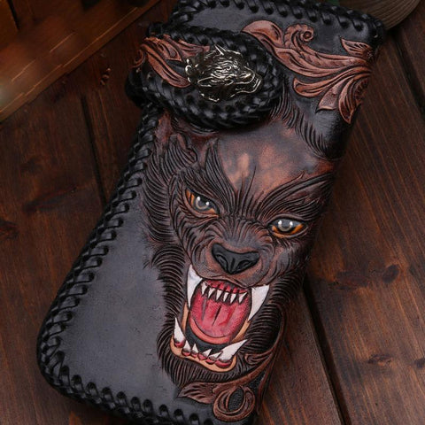 Handmade Leather Tooled Wolf Chain Wallet Mens Biker Wallet Cool Leath –  imessengerbags