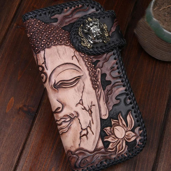 Handmade Leather Mens Cool Long Tooled Black Buddha Chain Wallet Biker Trucker Wallet with Chain