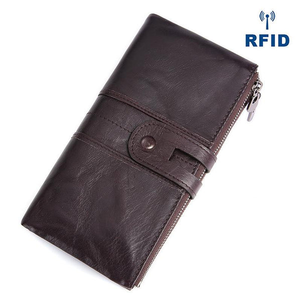 RFID Cool Leather Brown Men's Bifold Long Wallet Multi Cards Black Long Wallet For Men