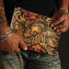 Cool Handmade Tooled Leather Tan Chinese Lion Clutch Wallet Wristlet Bag Clutch Purse For Men