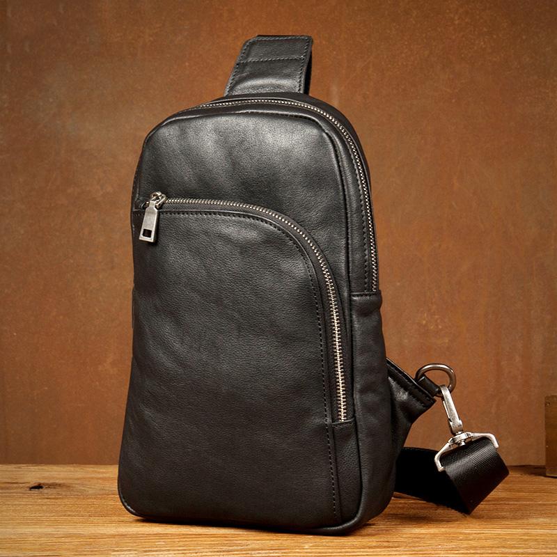 Black Leather Mens Cool Sling Bag Sling Pack Brown ONe Shoulder Backpack Chest Bag for men