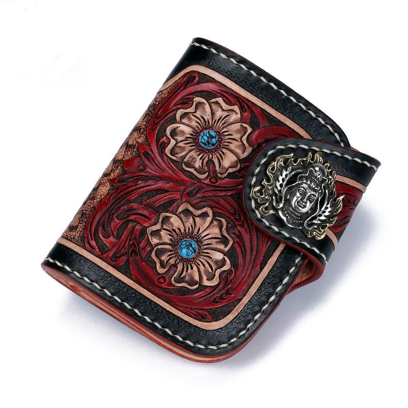 Handmade Leather Small Tooled Floral Mens billfold Wallet Cool Chain Wallet Biker Wallet for Men