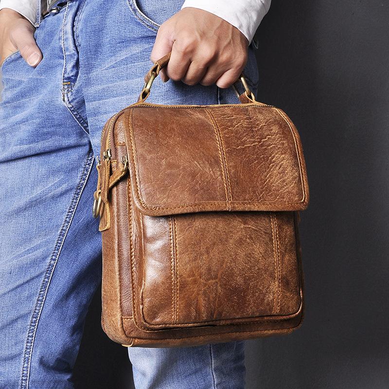 Brown LEATHER MENS Vertical SIDE BAG Small COURIER BAG Vertical Handbag MESSENGER BAG FOR MEN