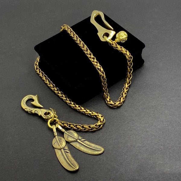 Fashion Handmade Vintage Brass 18" Feather Key Chain Pants Chain Wallet Chain Motorcycle Wallet Chain for Men