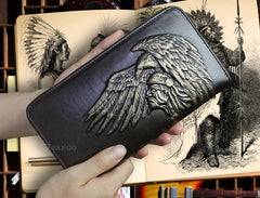 Handmade Leather Mens Tooled Indian Cool Zipper Phone Travel Long Wallet Card Holder Card Slim Clutch Wallets for Men