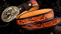 Handmade Genuine Leather Tooled Chinese Dragon Mens Belt Custom Cool Leather Men Belts for Men