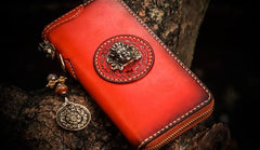 Handmade Leather Mahākāla Mens Chain Biker Wallet Cool Leather Wallet Long Clutch Wallets for Men