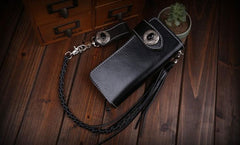 Handmade Leather Mens Cool Long Black Obsidian Chain Wallet Biker Trucker Wallet with Chain