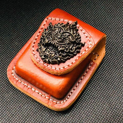 Coffee Handmade Leather Mens Cross Zippo Lighter Holders Lighter Case For Men