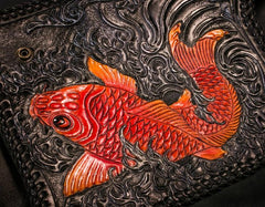 Handmade Leather Carp Mens Tooled Long Chain Biker Wallet Cool Leather Wallet With Chain Wallets for Men