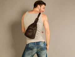 Cool Leather Mens Sling Bag Sling Shoulder Bags Sling Backpack Chest Bag for men