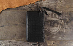 Handmade Genuine Leather Mens Cool Long Leather Wallet Zipper Clutch Wristlet Wallet for Men