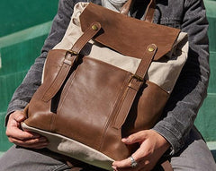 Leather Canvas Mens Cool Backpack Canvas Travel Bag Canvas School Bag for Men