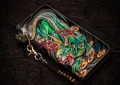 Handmade Leather Chinese Monster Mens Chain Biker Wallet Cool Long Leather Wallet With Chain Wallets for Men