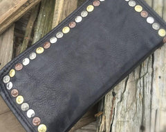 Genuine Leather Mens Cool Long Leather Wallet Biker Wallet Zipper Clutch Wallet for Men