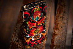 Handmade Leather Tooled Chinese Monster Mens Chain Biker Wallet Cool Leather Wallet Zipper Long Phone Wallets for Men