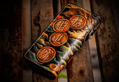 Handmade Leather Mens Tooled Monster Chain Biker Wallets Cool Leather Wallet Long Clutch Wallets for Men