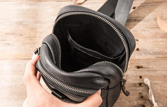 Black Leather Mens Sling Bag Sling Shoulder Bag Chest Bag for men