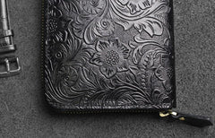 Handmade Leather Floral Mens Cool Travel Long Wallet Card Holder Card Slim Clutch Wallets for Men