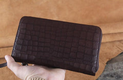 Handmade Genuine Leather Mens Cool Long Leather Wallet Zipper Clutch Wristlet Wallet for Men