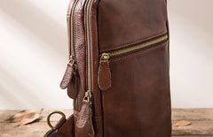 Coffee Leather Mens Sling Bag Sling Shoulder Bag Sling Backpacks Chest Bag for men