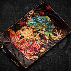 Handmade Leather Carp Tooled Wristlet Bag iPad Bags Mens Cool Leather Long Clutch for Men