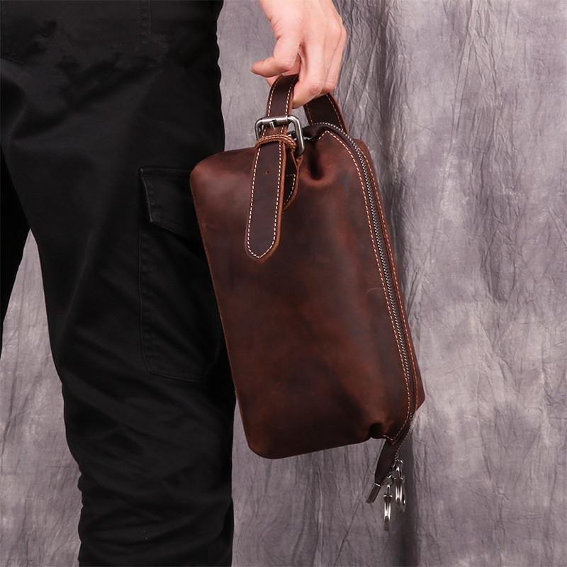 Mens Real Leather Business Clutch Wrist Bags Handbag Organizer
