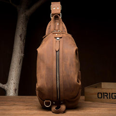 Cool Dark Brown Leather Mens Sling Pack Sling Bags Light Brown Crossbody Pack Chest Bag for men