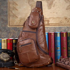 Brown Leather Mens Cool Large Sling Bags Light Brown Crossbody Pack Chest Bag for Men