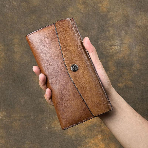 Cool Leather Brown Mens Long Wallet Envolpe Long Wallet Trifold Clutch Wallet for Men