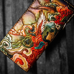 Handmade Leather Tooled White Jambhala Mens Chain Biker Wallet Cool Leather Wallets Zipper Long Phone Wallets for Men