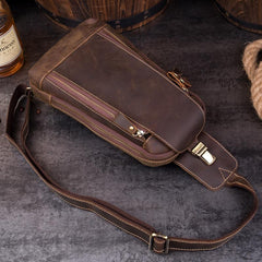 Cool Brown Leather Mens Sling Bag Sling Pack Crossbody Backpack Chest Bag for men