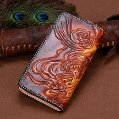 Handmade Leather Mens Clutch Wallet Cool Buddha&Demon Tooled Wallet Long Zipper Wallets for Men