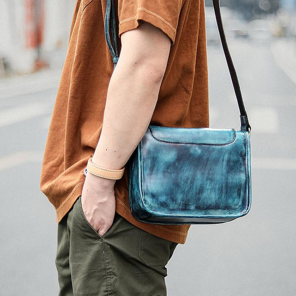 Casual Small Leather Mens Blue Side Bag Postman Bag Blue Messenger Bag For Men