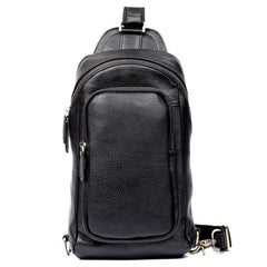 Black Leather Mens Cool Sling Bags Crossbody Pack Black One Shoulder Backpack Chest Bags for men