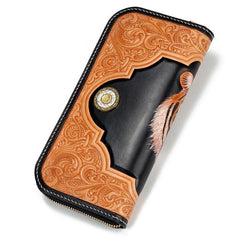 Handmade Leather Mens Clutch Wallet Cool Floral Tiger Tooled Wallet Long Zipper Wallets for Men