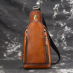 Vintage Tan Leather Men's Chest Bag One Shoulder Backpack Sling Bag For Men