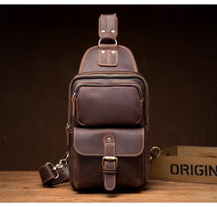 Cool Brown Leather Mens Sling Pack Sling Bag Crossbody Pack One Shoulder Pack Chest Bag for men