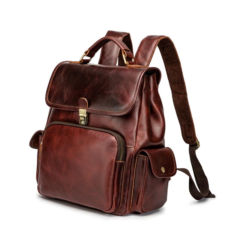 Cool Dark Brown Mens Leather College Backpack Laptop Backpack Red Brown Travel Backpack for Men