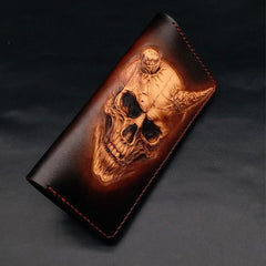 Dark Coffee Handmade Tooled Smiling Skull Leather Mens Bifold Long Wallet Clutch For Men