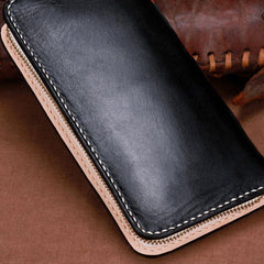 Handmade Leather Mens Clutch Wallet Cool Zhong Kui Tooled Wallet Long Zipper Wallets for Men