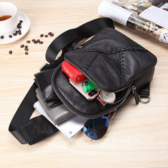 Black Leather Men's 8-inch One shoulder Backpack Sling Bag Black Chest Bag Sports Bag For Men