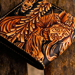 Handmade Leather Chinese Black&White Tooled Mens billfold Wallet Cool Leather Wallet Small Wallet for Men