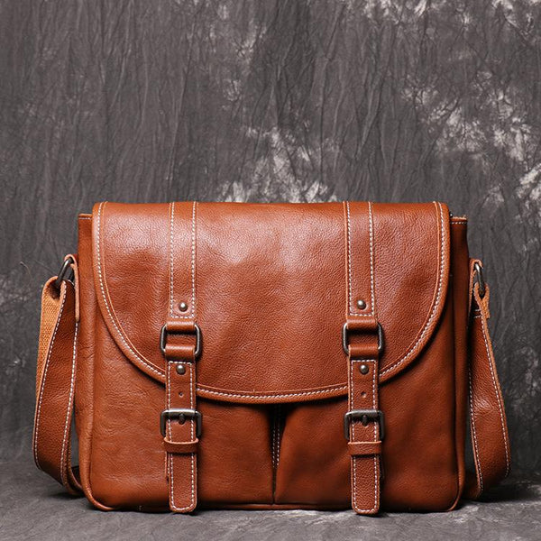 Dark Coffee Cool Leather 12 inches Small Satchel Messenger Bag Side Bag Brown Courier Bag For Men