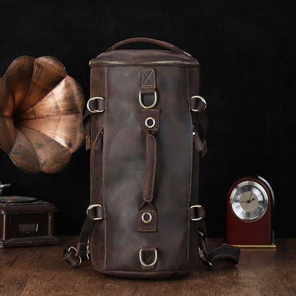 Cool Mens Leather Barrel Backpack Overnight Bag Travel Backpack Weekender Bag for men