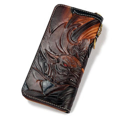 Handmade Leather Taming Dragon Mage Mens Tooled Long Chain Biker Wallet Cool Leather Wallet With Chain Wallets for Men